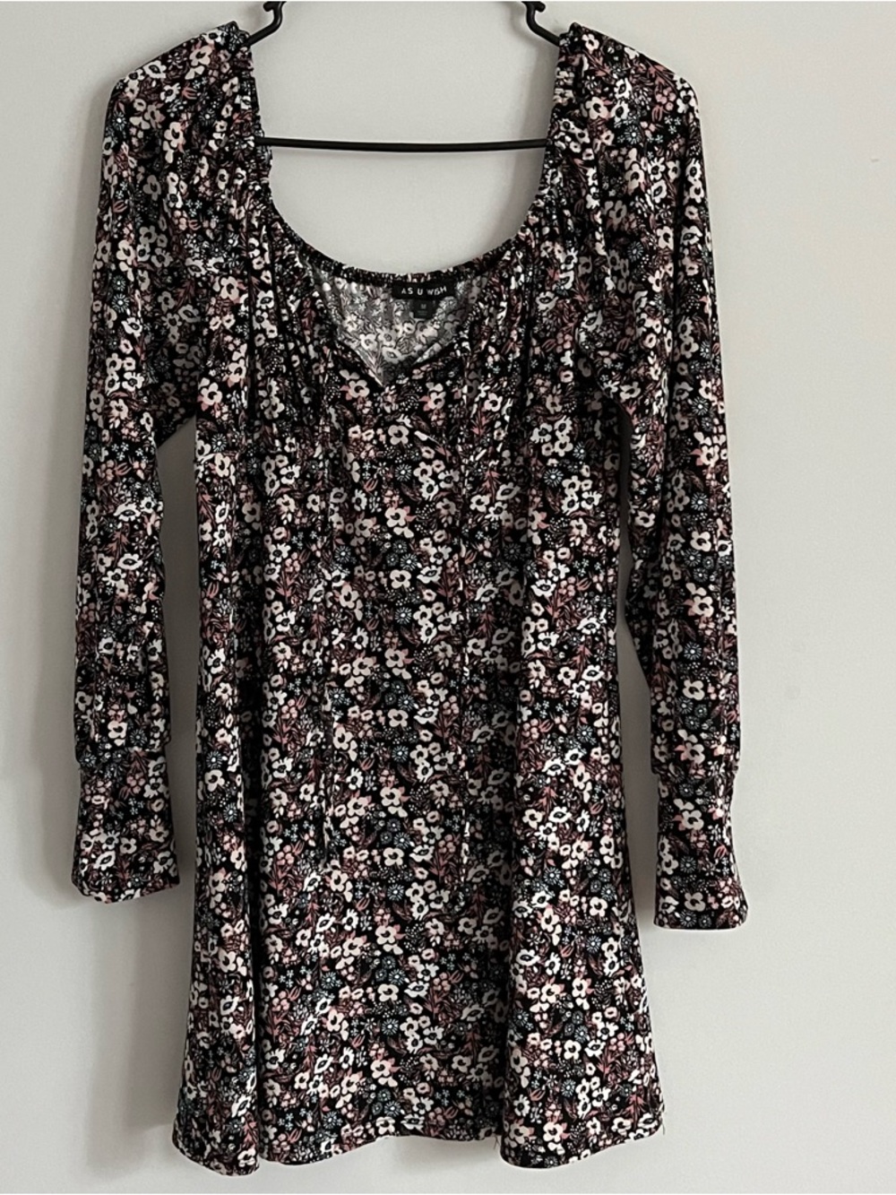 AS U WISH Black Floral Cottagecore Long Sleeve Mini Dress